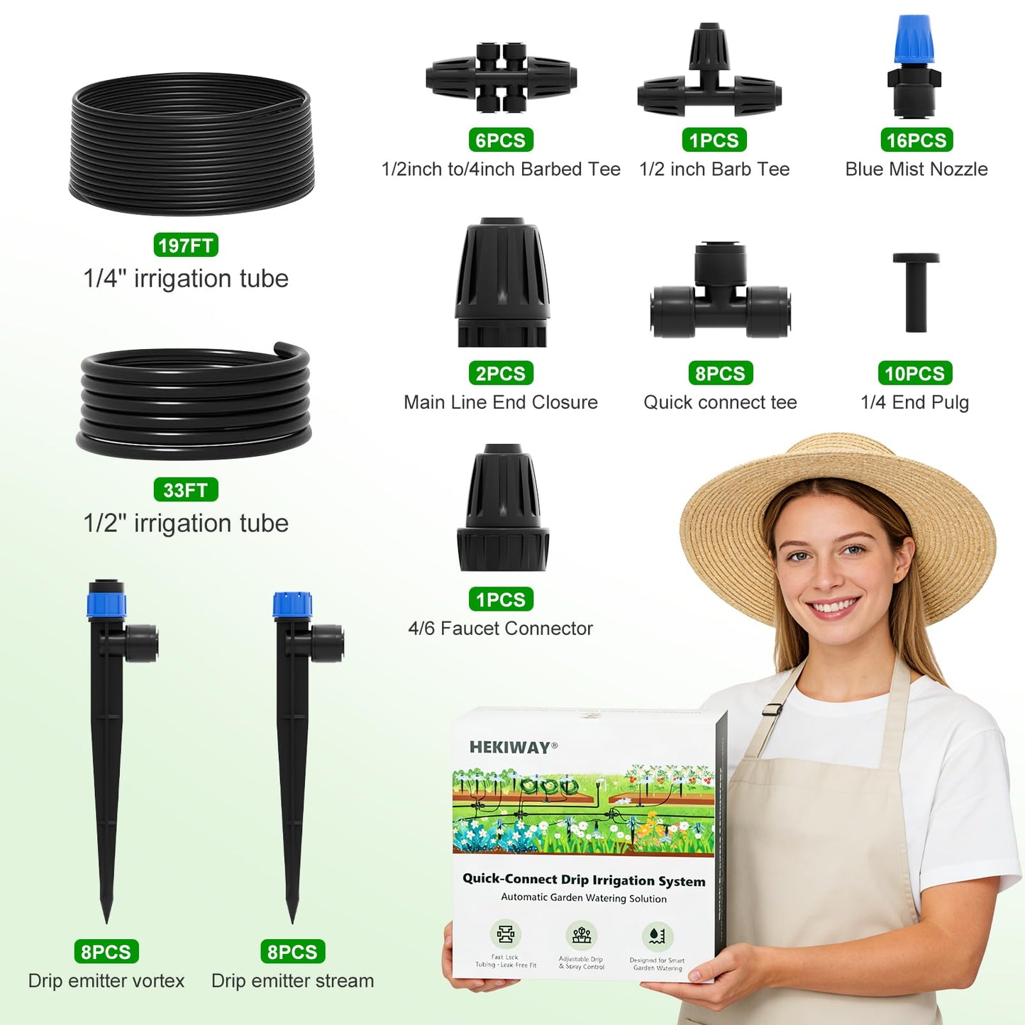 HEKIWAY 2026 Upgrade 230FT Quick-Connect Drip Irrigation System Kit with 1/4” & 1/2” Fast-Lock Tubing, Adjustable Emitters & Sprinklers for Garden & Greenhouse