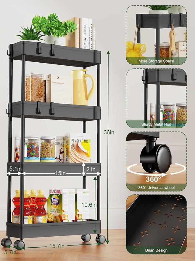 LEHOM 5.1Inch Slim Storage Cart - 4 Tiers Bathroom Organizer Mobile Shelving Unit Storage Rolling Utility Cart Slide Out Organizer for Kitchen Bathroom Laundry Narrow Places, Black U4
