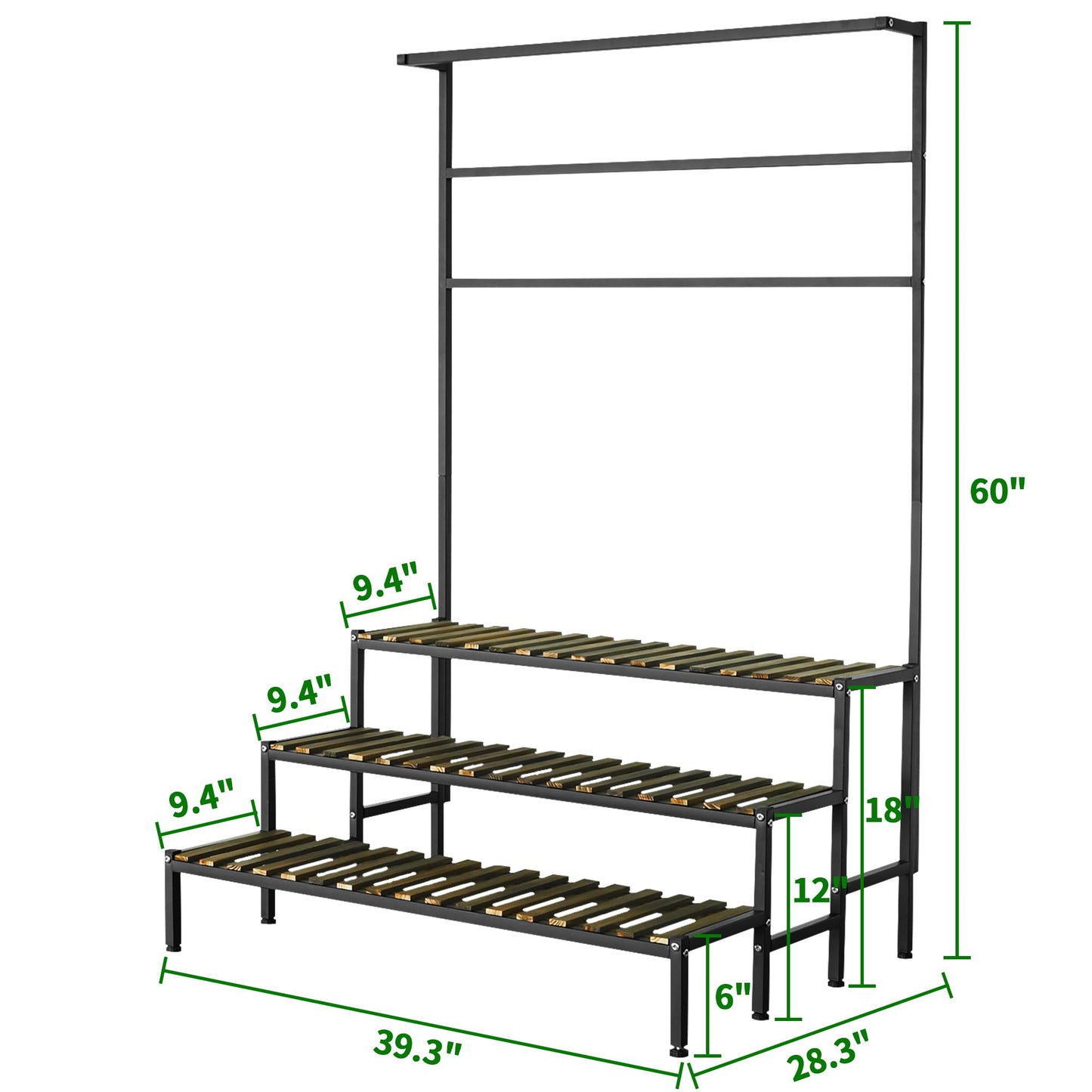 Large Plant Stand Indoor Outdoor, 3 Tier Heavy Duty Hanging Plant Stand with Bar, 60 Inch Tall Metal & Wood Ladder Shape Plant Shelf, Black Plant Display Rack Plant Shelves for Garden Patio Balcony