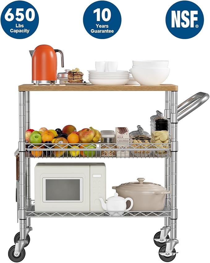 WDT 3 Tier Rolling Kitchen Carts with Wheels, Heavy Duty Rolling Utility Cart with Wood Tabletop, Commercial Grade Metal Cart with Handle and Hooks, NSF Storage Serving Island Carts, Light Wood+Metal