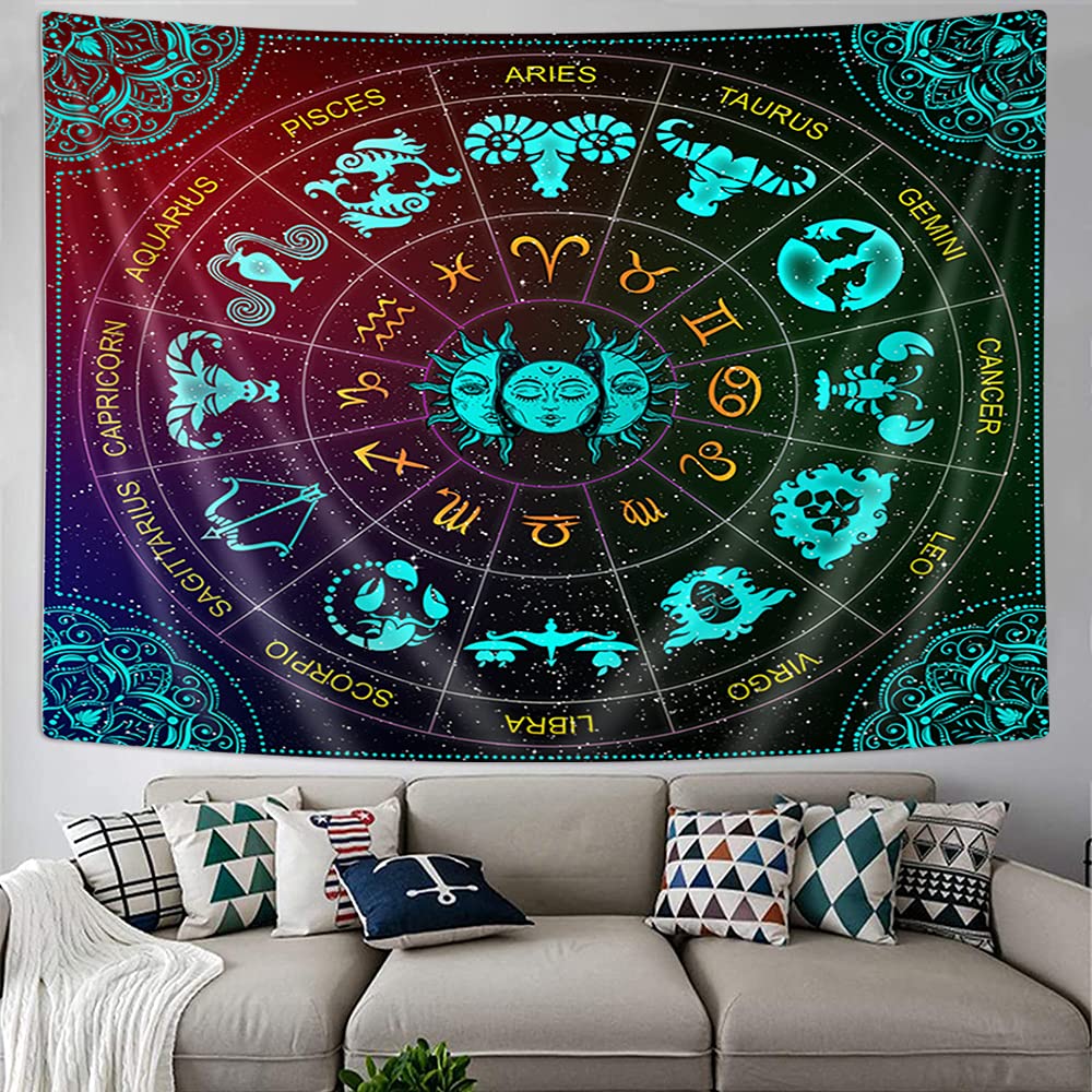 VeiVian Zodiac Astrology Wall Hanging, Sun and Moon Constellation Blacklight Art, Trippy Mandala Boho Witchy Wall Tapestry for Bedroom, Living Room, Dorm, (60x40)