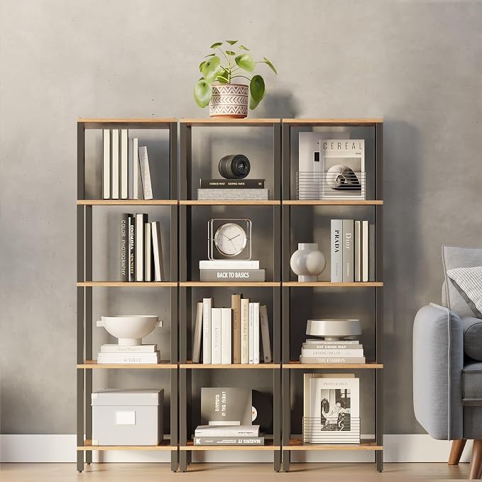 TUTOTAK Bookshelf, 5-Tier Tall Book Shelf, Narrow Bookcase for Small Space, DIY Stackable Bookshelf, for Living Room, Office, Study, Entryway, Industrial, Rustic Brown and Black BS01BB005