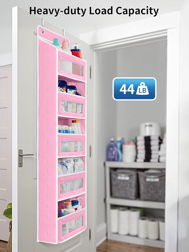 JARLINK Over The Door Organizer Storage, 5 Shelf Hanging Door Organizer with 5 Large Capacity Pockets, Anti Tilt 44 lb Load Behind Door Storage for Bedroom, Bathroom, Pantry, Nursery, (Pink)