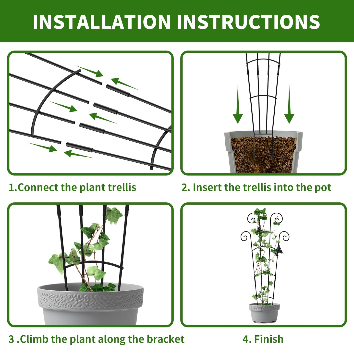 4 Pack 30 InchTaller Plant Trellis for Potted Climbing Plants Indoor,Expandable Metal Garden Trellis for Climbing Plants, Flowers Vine Ivy, Sturdy Houseplant Support for Potted Plants with Ties