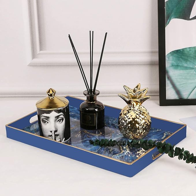 Plastic Serving and Decorative Tray with Handles for Ottoman, Coffee Table, Bathroom Vanity, Blue Marble Rectangular Tray for Countertop and Kitchen, 15.6 x 10.2 Inches