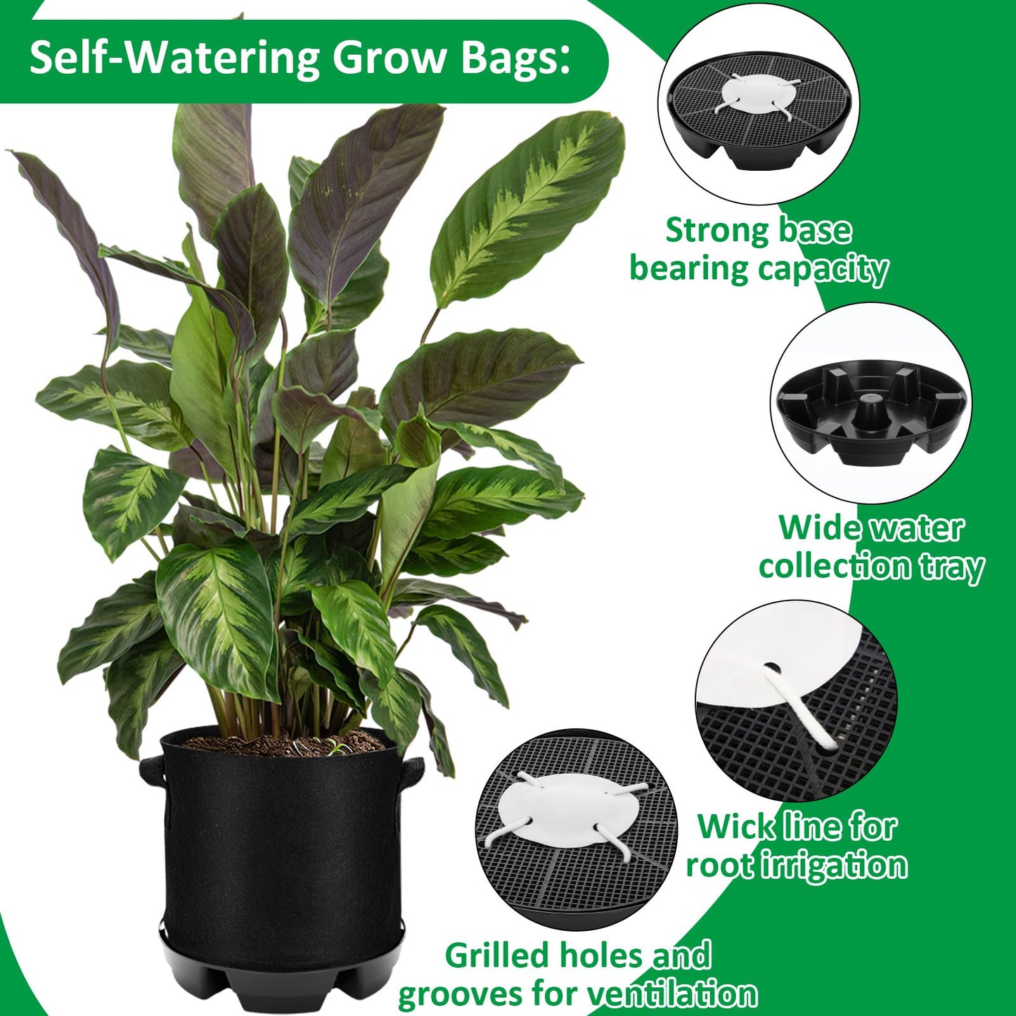 Jingmore 6 Set Self Watering Fabric Pot Base 3 Gallon Plant Nonwoven Grow Bags Automatic Watering System Plant Saucer Elevated Flower Trays with Handles for Fruits Vegetables Flowers Grow(Black)