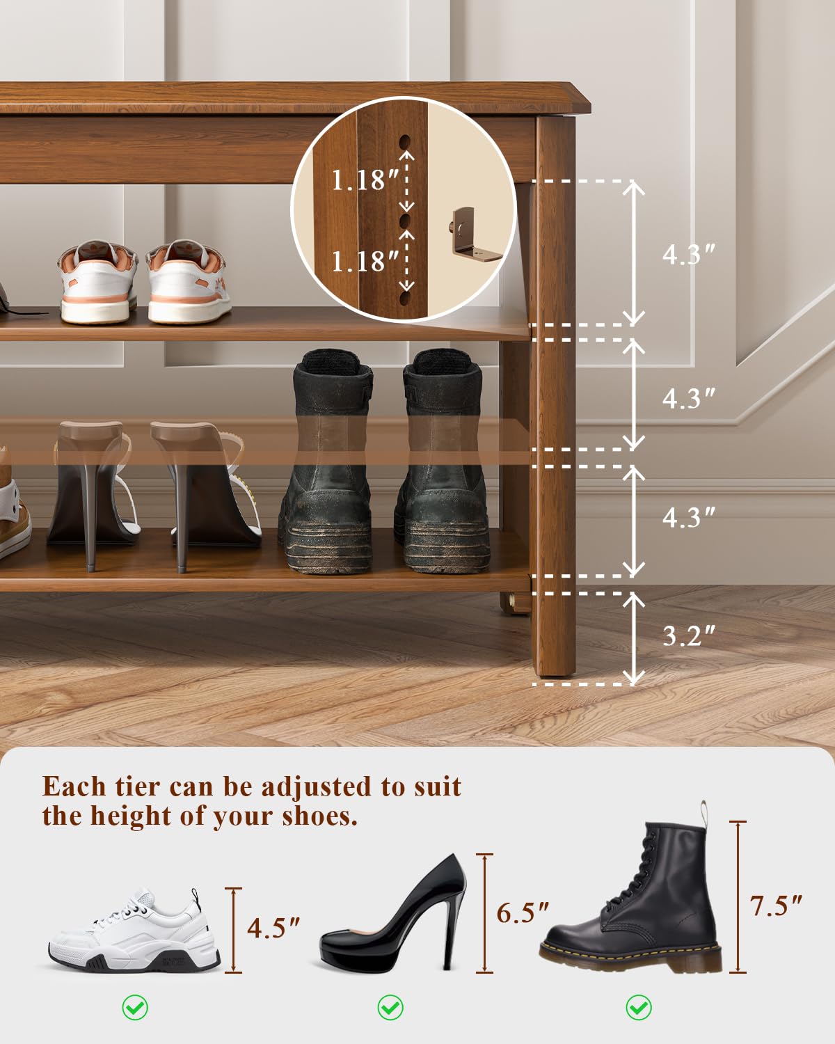 IUNVR Shoe Rack Bench Seat Rubberwood 3-Tier Wooden Storage Bench 550lbs Compact Mid-Century Modern Design for Entryway, Hallway, Closet, Front Door Entrance, Foyer