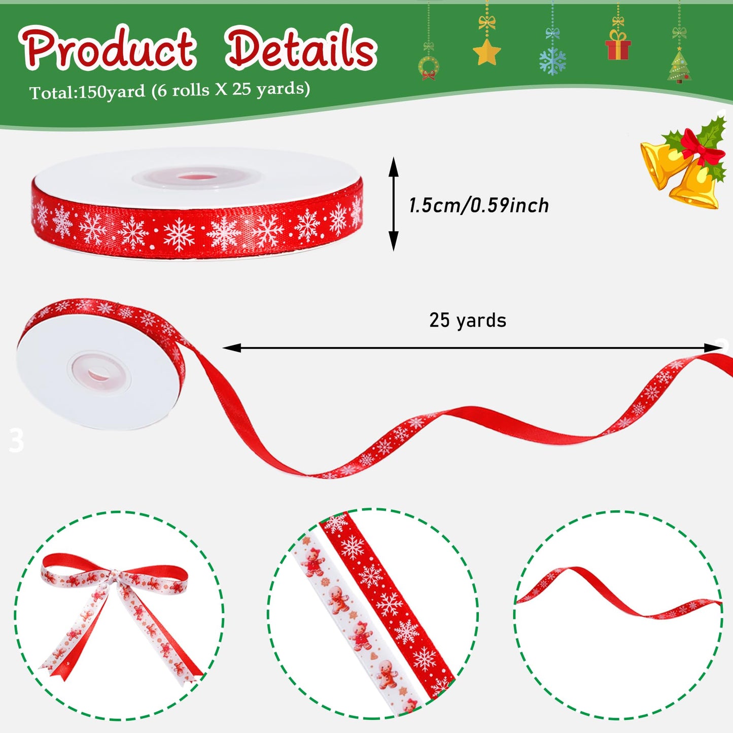 6 Rolls Christmas Ribbon for Crafts 3/8 Inch Glitter Fabric Holiday Festival Grosgrain Ribbon for Wrapping Decoration Floral Bows Craft(Gingerbread)