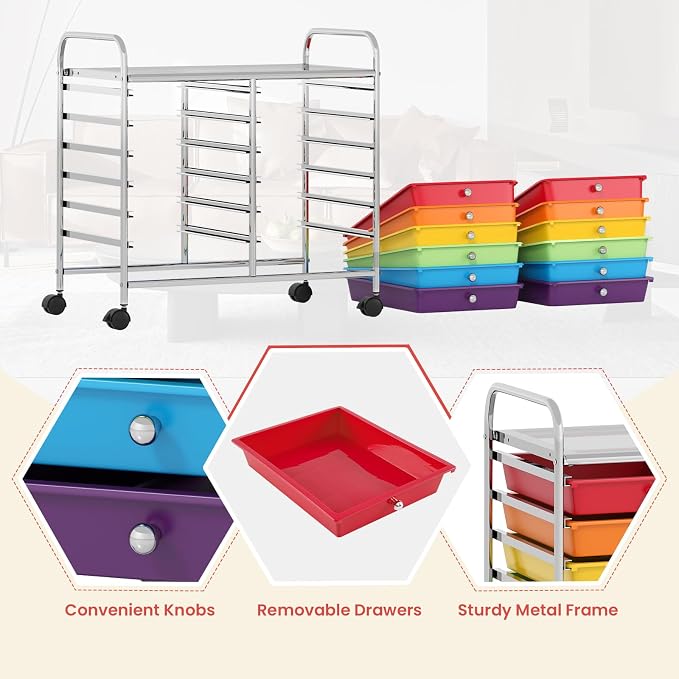 COSTWAY 12-Drawer Rolling Storage Cart, Utility Storage Organizer Cart for Tools, Scrapbook, Paper, Craft, Multipurpose Art Supply Organizer on Wheels for Home Office School, Teacher, Multicolor