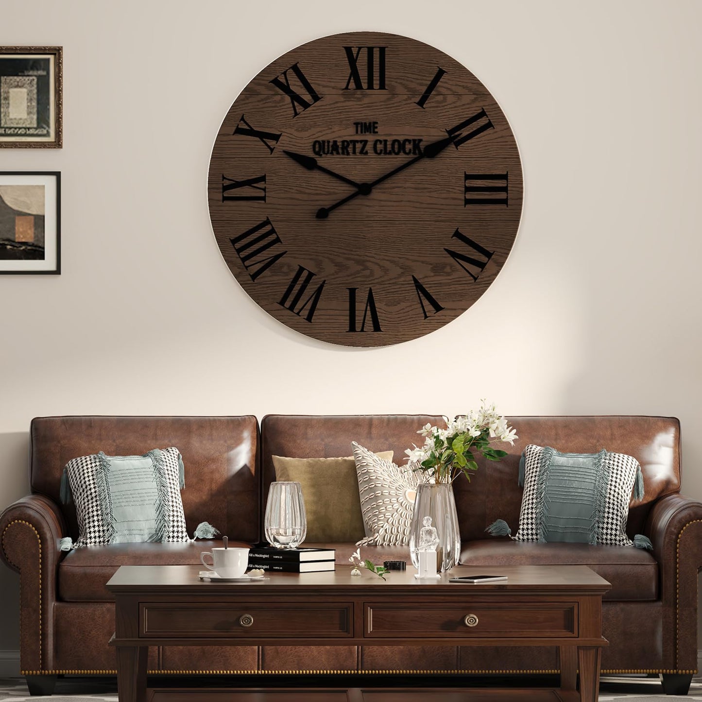 ARTPOWER Large Farmhouse Wall Clock, 35.5” Shiplap Wall Clock with Roman Numeral, Nearly Non-Ticking, Round Wall Clocks for Living Room Decor, Office, Bedroom, Entrance, Brown