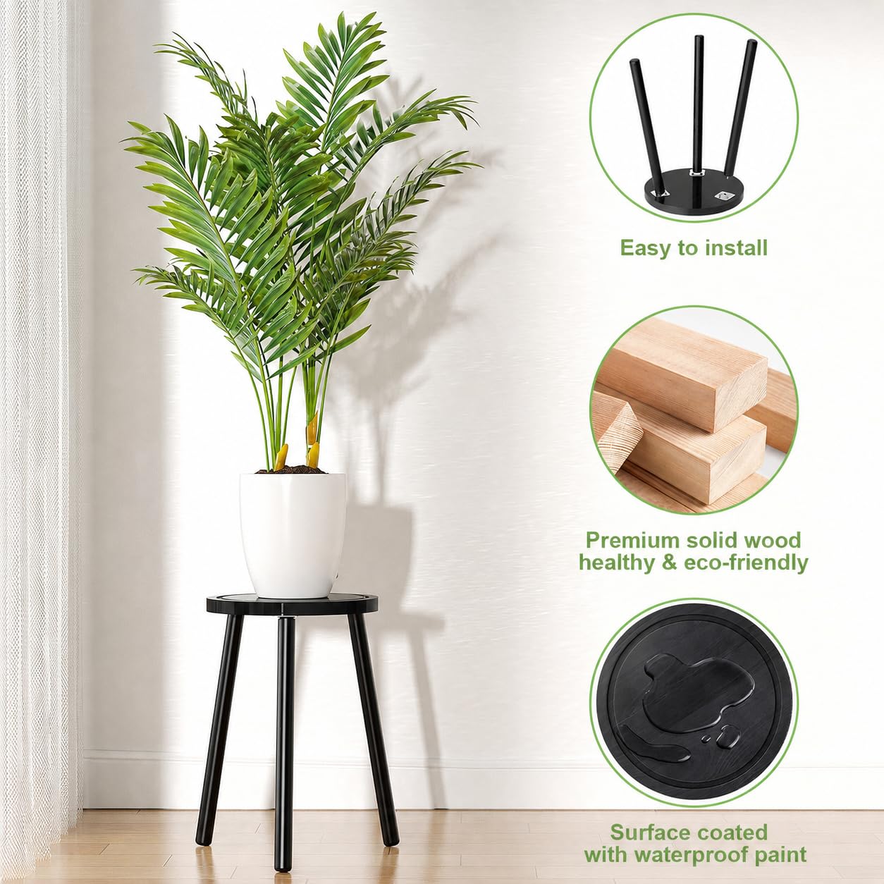 Vecxoty Wood Plant Stands Indoor, 16.7" Tall Plant Stand Outdoor Mid-Century Plant Stool, Single Plant Table Modern Small Round Side/End Table for Living Room, Balcony, Office(Black)