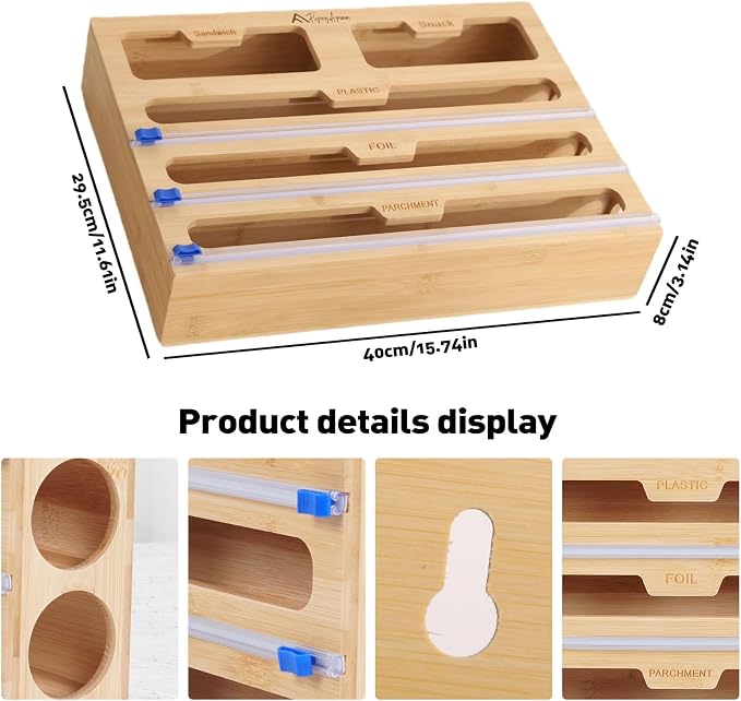 APSARAS USA 5 in 1 Bamboo Foil and Plastic Wrap Organizer for Kitchen Drawer, Ziplock Bag Organizer, Saran Wrap Dispenser with Cutter, Plastic Bag Organizer, Food Storage Bag Organization