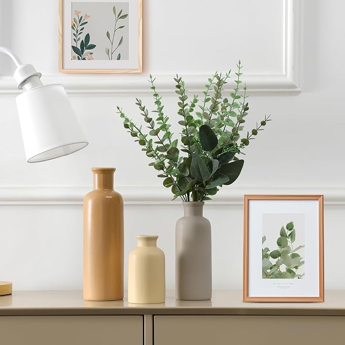 Ceramic Vase Set of 3, Brown Neutral Rustic Vases for Farmhouse Decor, Pampas Grass & Dried Flowers and Table Living Room Home Decor