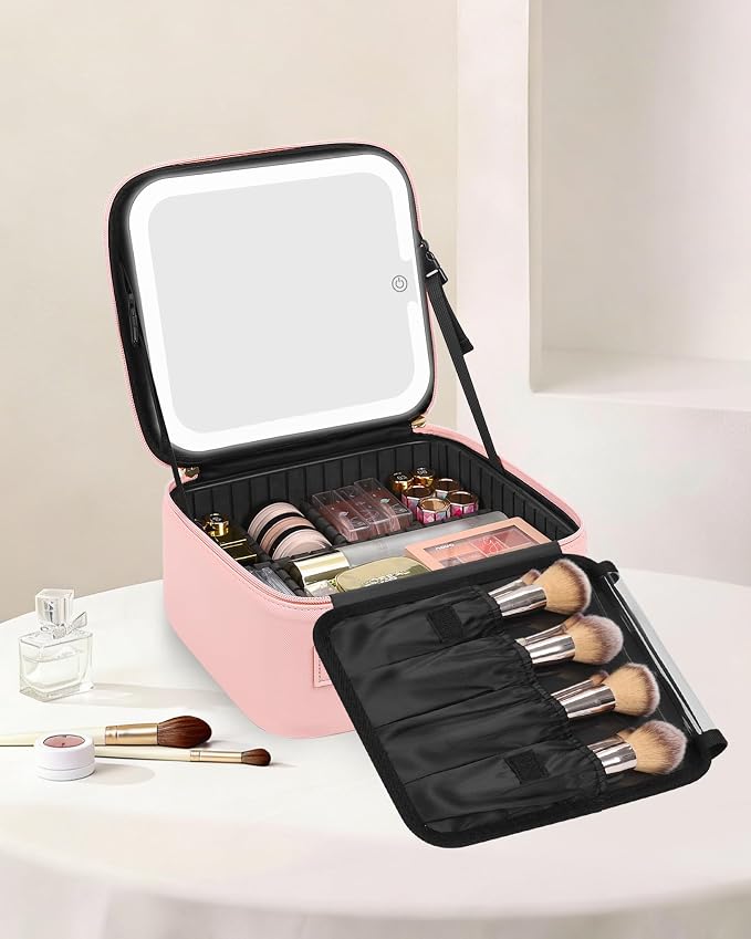 Chomeiu Makeup Bag with LED Mirror, Cute Cosmetic Bags for Women and Girls, Travel Train Case Artists Organizer Large Make Up Bags with 3 Color Light Up Mirror & Removable Brush Compartment, Pink