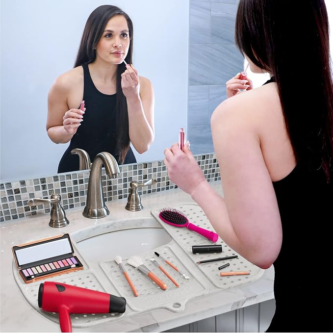 Sink Topper Bathroom Counter Cover & Storage Saver, Foldable Silicone Mat for Hot Tools, Hair Styling & Makeup, Beauty Brush Cleaning Mat, RV Camper Sink Cover & for Small Spaces (Large Pearl)