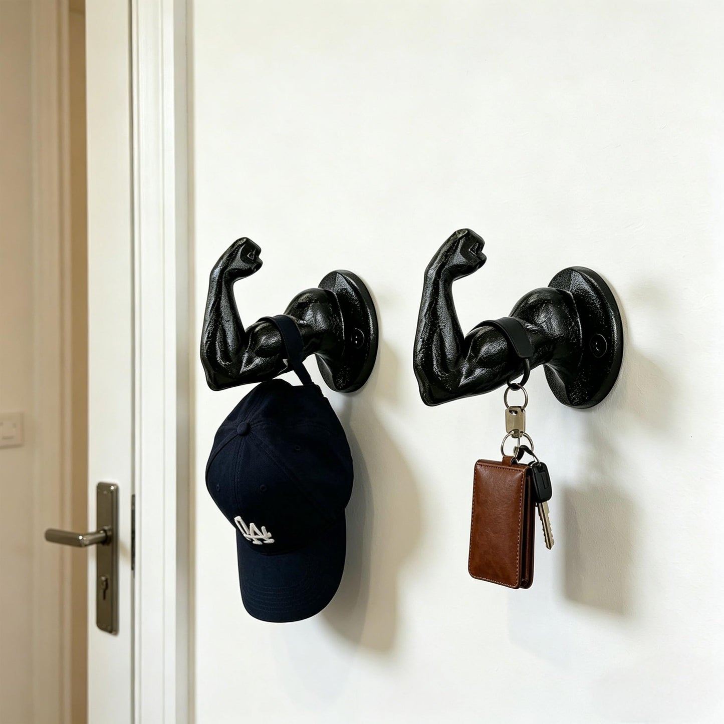 Womeet Rustic Cast Iron Coat Hooks, Wall Mounted Key Hook Holder, Farmhouse Decorative Muscle Hooks, Heavy Duty Wall Hooks for Hanging Coats, Hats, Bathrooms Towels, Gym Room 2pcs