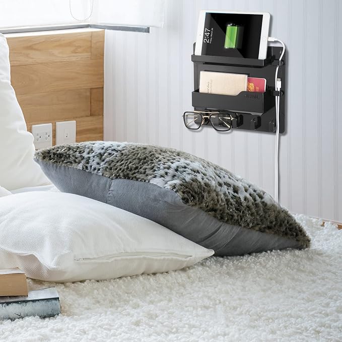 YONGAIJIA Bedside Wall Mount Shelf, Adhesive Bedside Organizer for Remote、Phone、Glasses. Bedside Accessories Storage suitable for College Dorm 、bunk bed 、 Bedroom、Rv（Black）