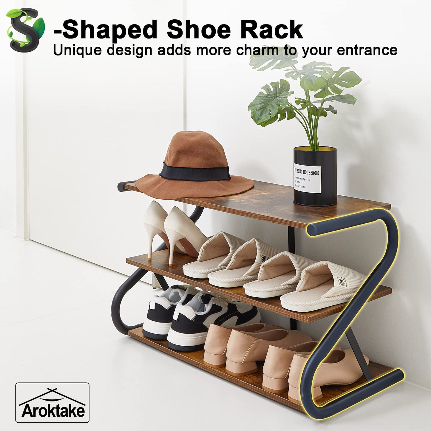 Aroktake 3-Tier Shoe Rack, Wooden Shoe Storage with S Shape Heavy Duty Metal Free Standing, Shoe Organizer Shelf for Entryway, Living Room, Closet, Bedroom (Rustic)