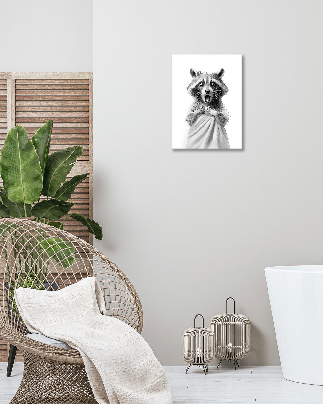 HesenDot Raccoon in Towel Framed Wall Art,12x16in Funny Animal Bathroom Canvas Print, Black and White Raccoon Poster,Cute Racoon Picture Wall Decor for Bathroom Kid Room Bedroom Nursery Home, 1 Pack
