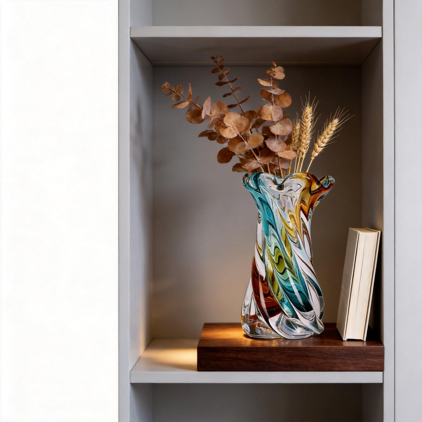 Hand Blown Glass Vase with Swirl Ribbon Design, Flared Opening for Flower Arrangements, Decorative Centerpiece for Home Decor, Birthday Housewarming Gift (Blue)