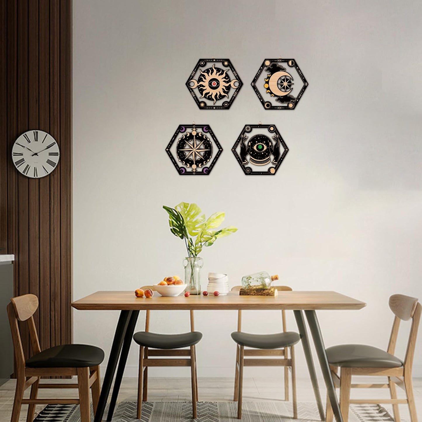 CHDITB 4Pcs Wooden Witchy Sun Moon Star Tarot Wall Art, Mystical Wizards Celestial Laser Cut Hollow Artwork Hanging Sign, Moody Boho Gothic Astrology Aesthetic Home Decor for Bedroom Living Room(10"x9")