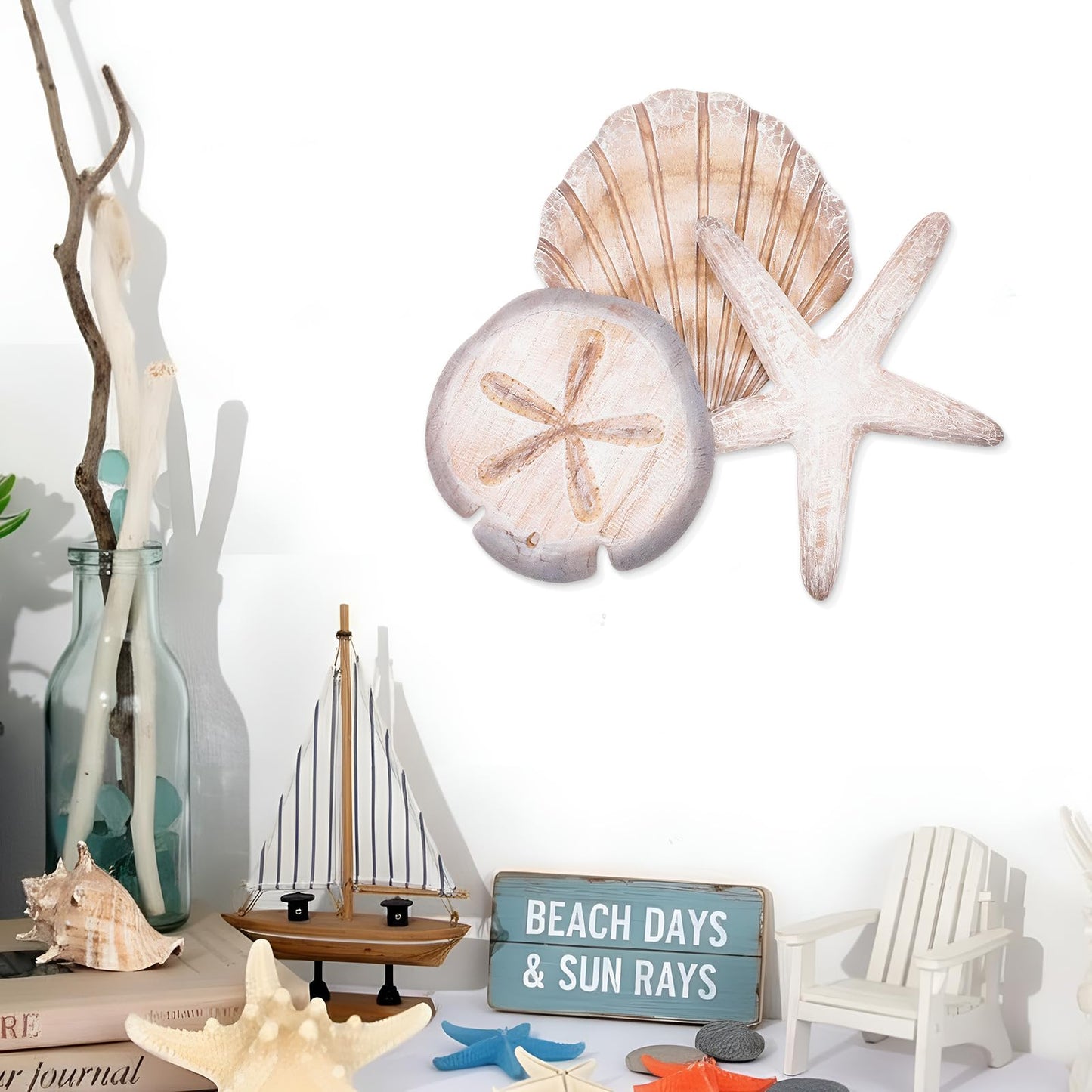 Novabright Coastal Sea Shell Wall Art Rustic Wooden Starfish and Sand Dollar Decor for Beach Theme Bathroom Bedroom Living Room Nautical Wooden Sign for Lake House Summer Home Decoration(Brown)