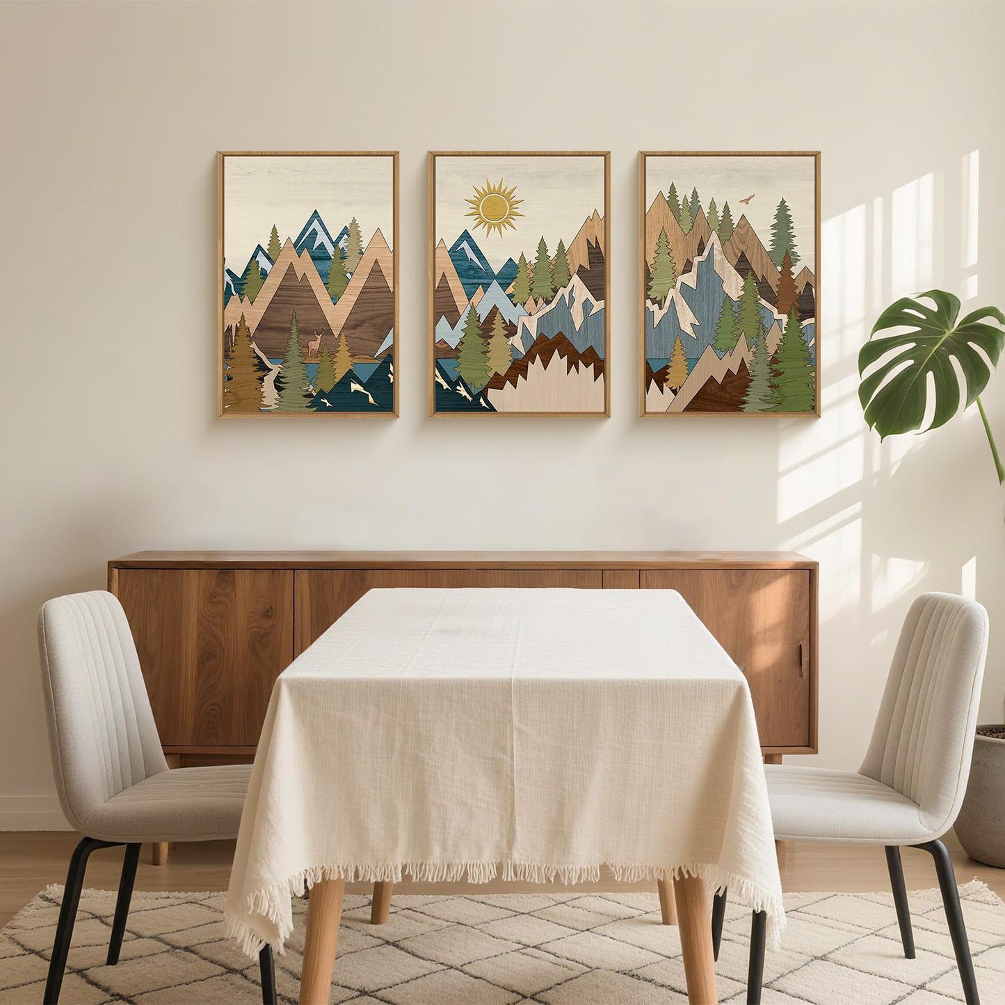 FWIEXA Large Mountain Woodcut Style Canvas Wall Art Set of 3, Sunrise Pine Tree Wall Decor, Forest Animal Painting, Nature Wilderness Lake Landscape, 16x24In Rustic Artwork for Living Room, Bedroom, Bathroom