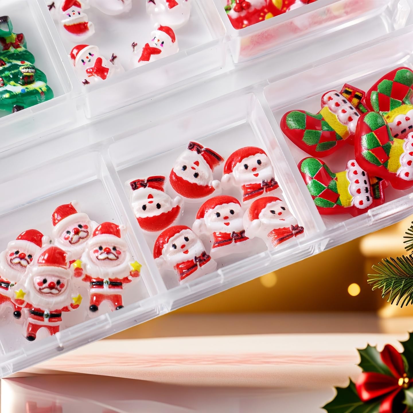18Girds/2Boxes Christmas Nail Charms Colorful Mini Snowman Xmas Tree Nail Art Charms Reindeer Bell Nail Rhinestones 3D Resin Red Bow Heart Nail Diamond Green Half Round Beads Nail Gems for Women DIY