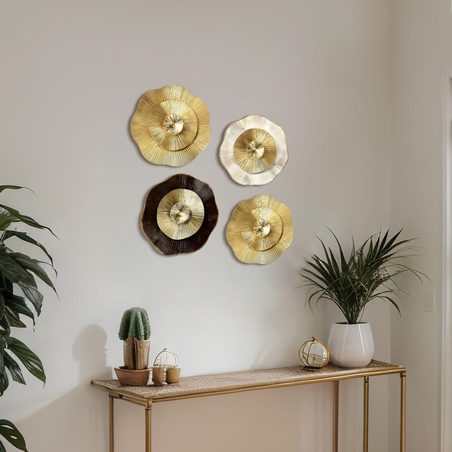 Shimeyao 4 Pcs 12 Inch Gold Wall Decor Metal Flower Plate Art Hanging Wall Decorations Modern Metai Decorations for Home Living Room Office Bedroom Bathroom Floral Sculpture