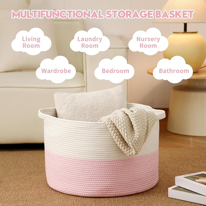 Foldable Laundry Hamper Basket with Collapsible Handle Cotton Rope Soft Woven Fabric Storage Organizer Clothes Toys Nursery Bedroom Dorm Space Saving Bin (White & Pink, 115L(23.6"D x 15.7"H))