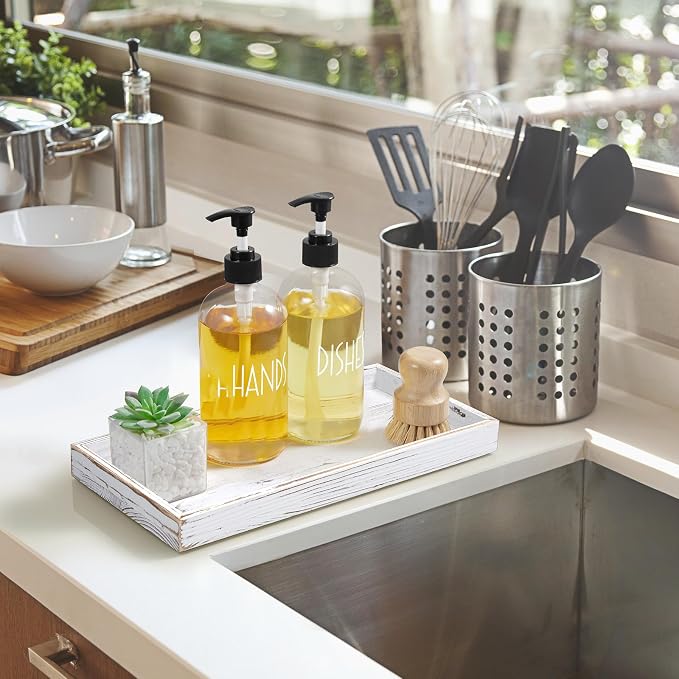 ALELION 13" White Bathroom Vanity Tray for Counter - Wood Decorative Tray for Toilet Tank Makeup Perfume Jewelry Catchall Table - Wooden Kitchen Countertop Organizer for Soap Dispenser