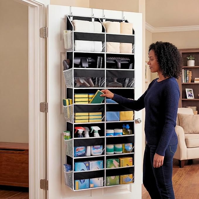 Over the Door Organizer 5 Tiers, Extra Large Behind Door Storage of 10 Compartments, 80 lbs Weight Capacity Hanging Storage Organizer with Clear Window Kids Toys, Shoes, Diapers, Room storage