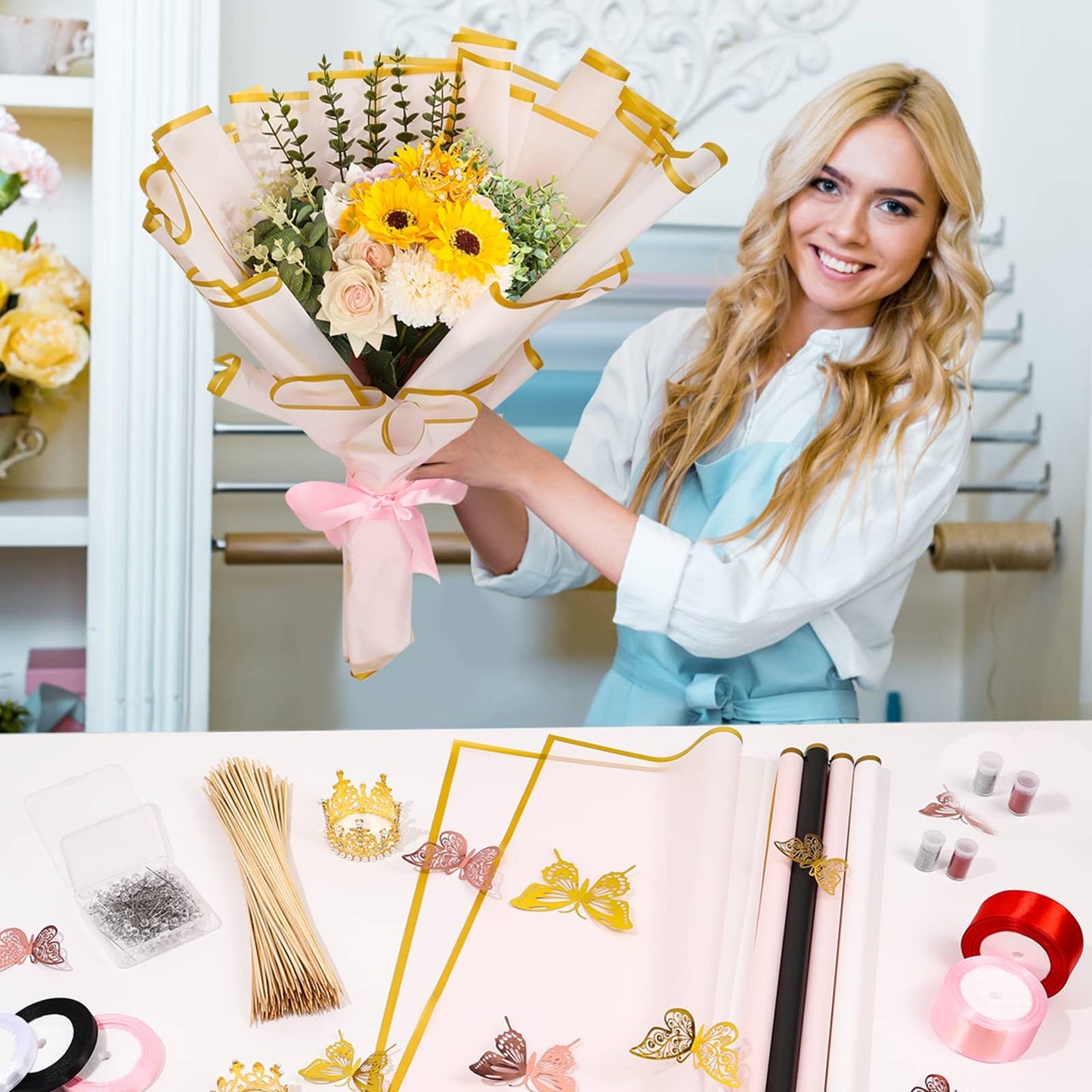 449Pcs Flower Bouquet Wrapping Accessories with Floral Wrapping Paper Gold Crowns Butterfly Decorations Gem Pins and Wooden Sticks, Ribbons for Money Bouquet Mother's Day Baby Shower Graduation