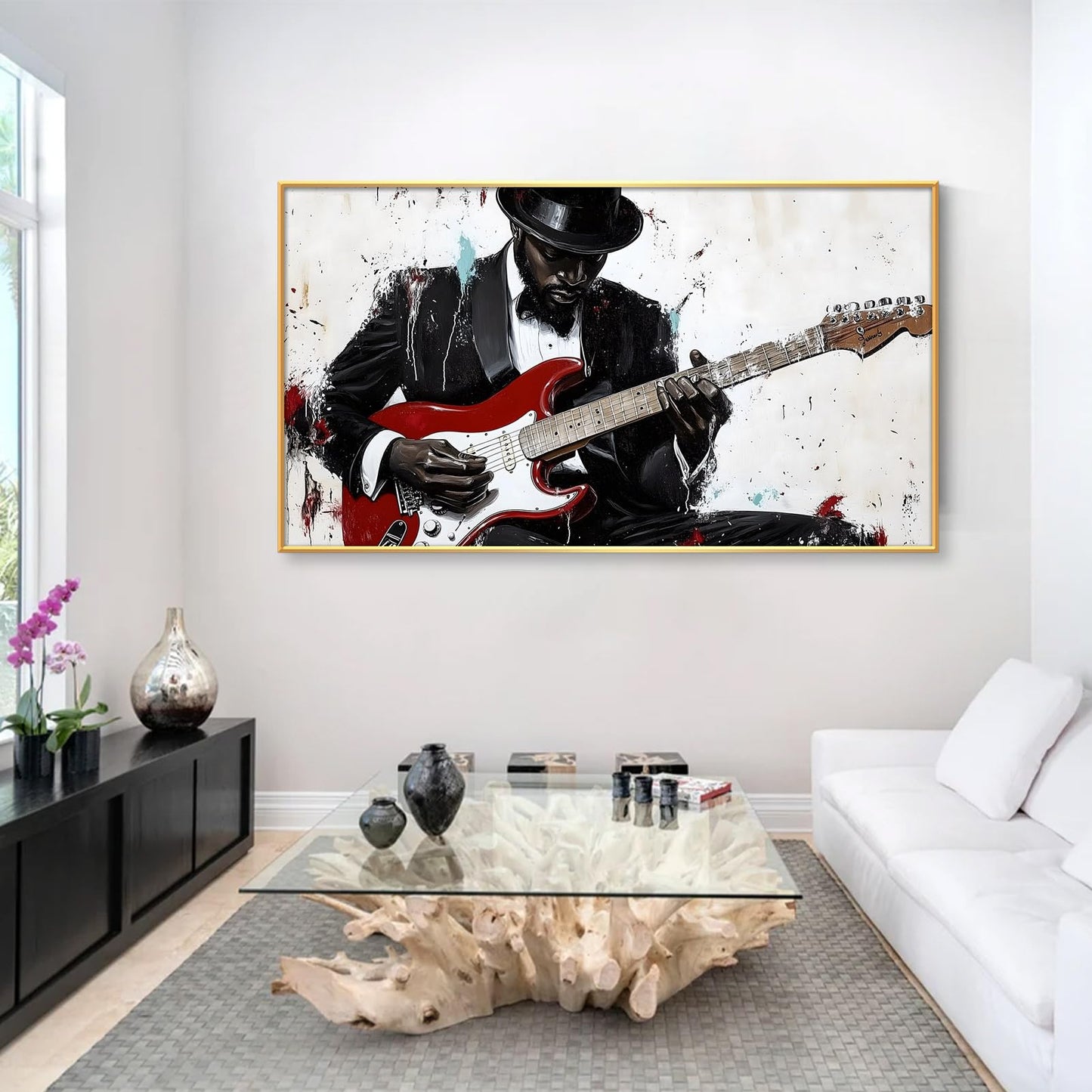 Abstract Jazz Music Canvas Wall Art, Black Musician Canvas Print, Guitar Player Wall Art, Red and Black Picture, Red Guitar Poster, Modern Artwork for Living Room (Gold Framed, 23"x13" | 60x35cm)