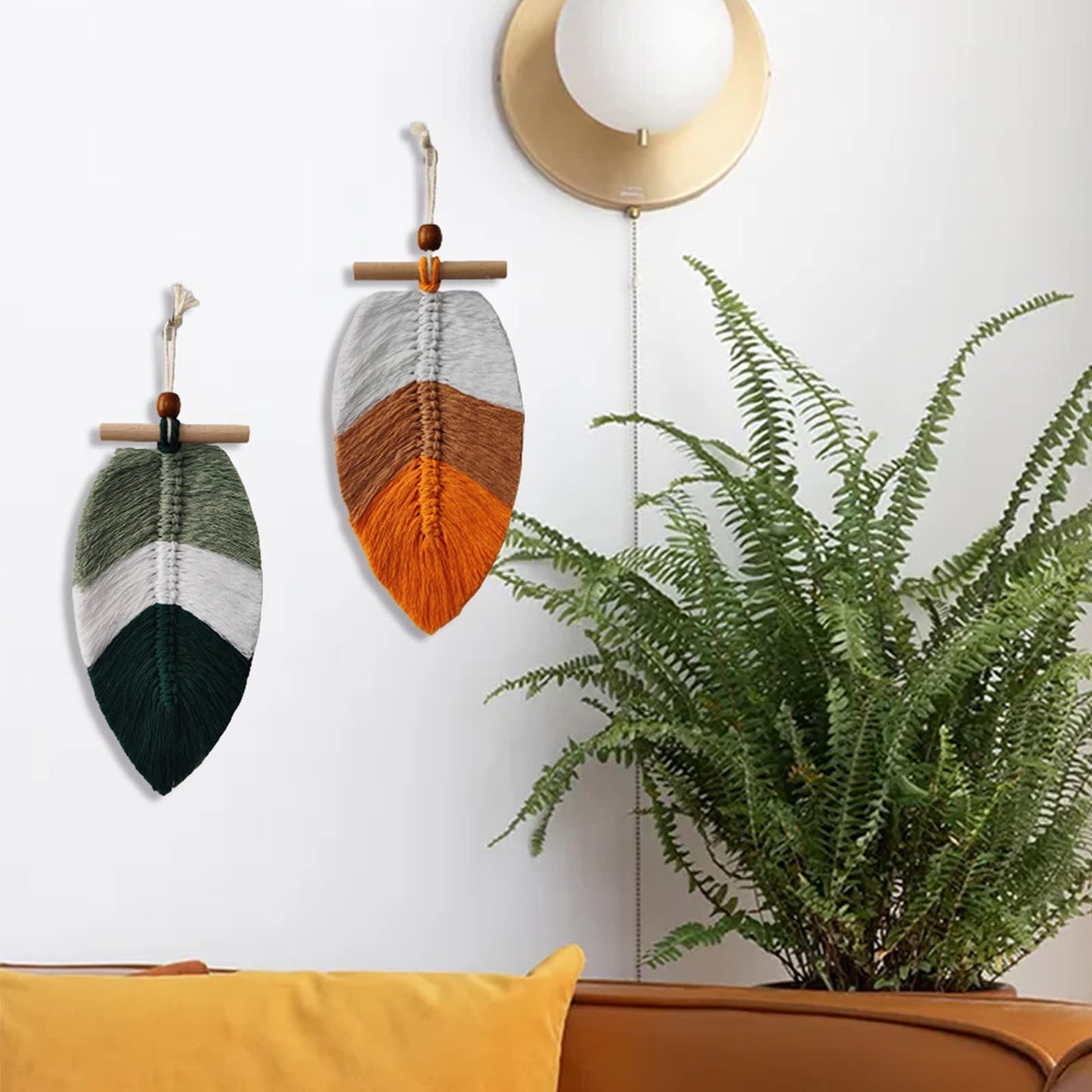 ZARROUEA 2 Pieces Boho Leaf Wall Decor,Bohemian Macrame Wall Hanging - Chic Feather Leaf Wall Art Decor Cotton Handmade Woven for Bedroom Living Room Apartment Ornaments (Green and Yellow)