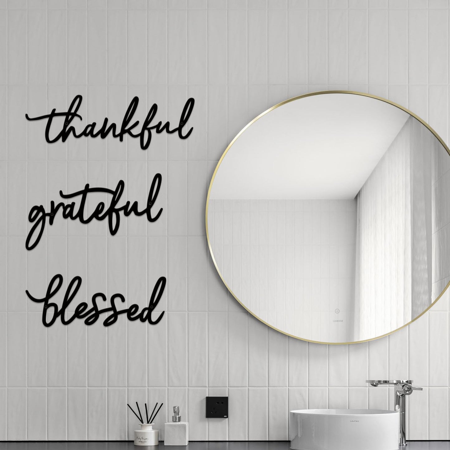 ESTART Thankful Grateful Blessed Letter Sign Metal Wall Decor, 3 Piece Black Letters Wall Art for Bathroom Bedroom Metal Words Wall Decor for Home Decor