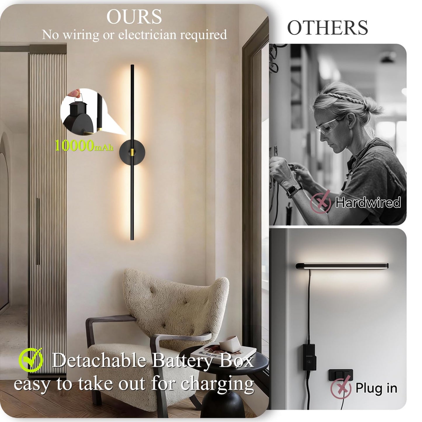 Battery Operated Wall Sconce Set of 2: 10000mAh Wireless Sconces Rechargeable Wall Lights with Touch and Remote, 360° Rotate Cordless Wall Lamp for Bedroom Living Room Hallway, 31.5 Inch, Black