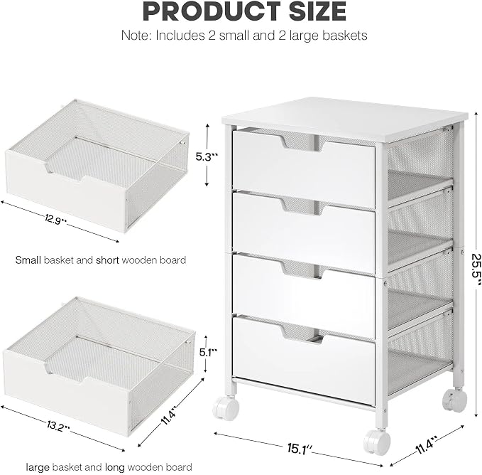 Rolling Cart with Drawers, Wooden Top and Front, with Wheels Metal Under Desk Storage Cart with 4 Drawers, for Office, Bedroom, Classroom, Home, White