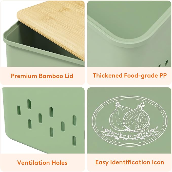 Lifewit Onion and Potato Storage Bin with Aerating Holes and Lid, Stackable Garlic Keeper, Plastic Vegetable Container Box for Kitchen, Green, Set of 2