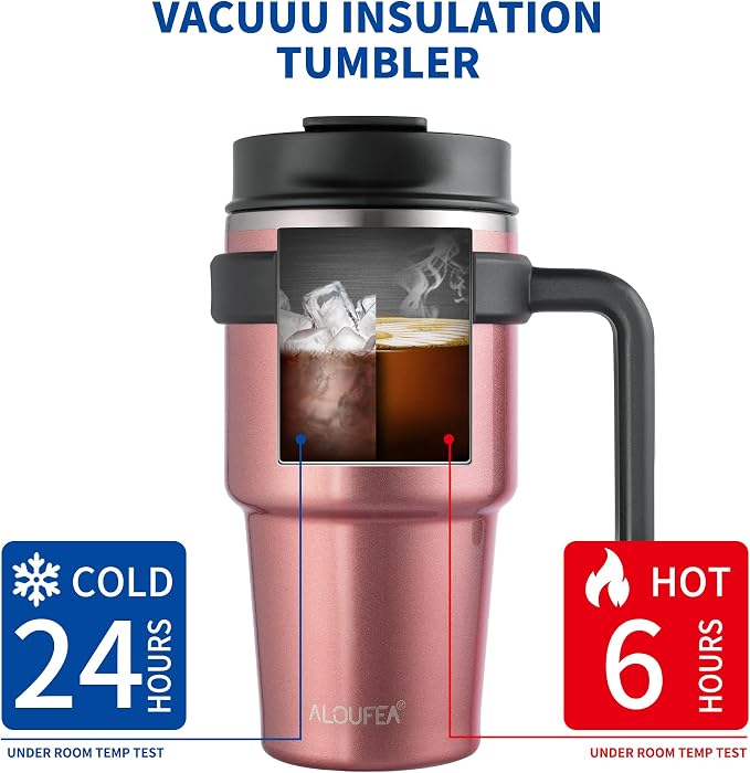20 oz Insulated Coffee Mug Tumbler with Handle, Stainless Steel Travel Mug Tumbler with Lid and Straw,Double Wall Vacuum Leak Proof Ice Coffee Thermal Cup, Rose Gold