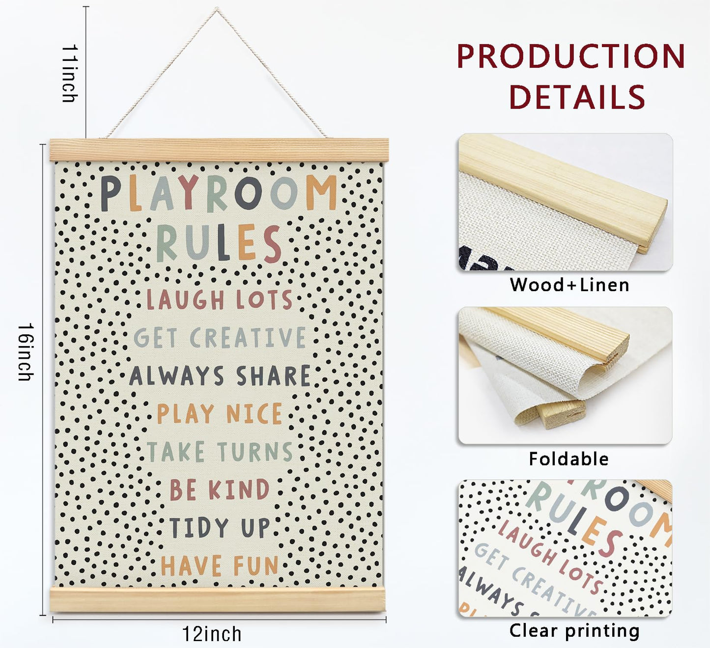 Playroom Kids Tollder Room Wall Decor, Play Room Rules Wall Decor for Kids Play Game Room Bedroom Nursery Home School Playroom Essentials, Canvas Hanging Banner Wood Poster Frameds 12x16 Inch