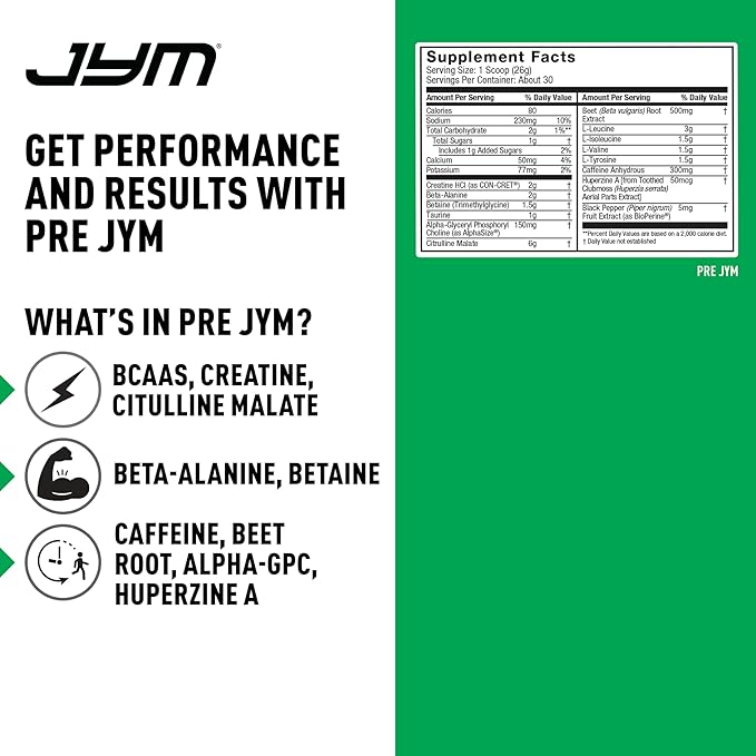 JYM Supplement Science Pre JYM Rainbow Sherbet Pre Workout Powder for Men & Women, BCAAs, Nootropics, Creatine HCI, Citrulline, Beta-Alanine, Betaine, Taurine, Huperzine, 30 Servings
