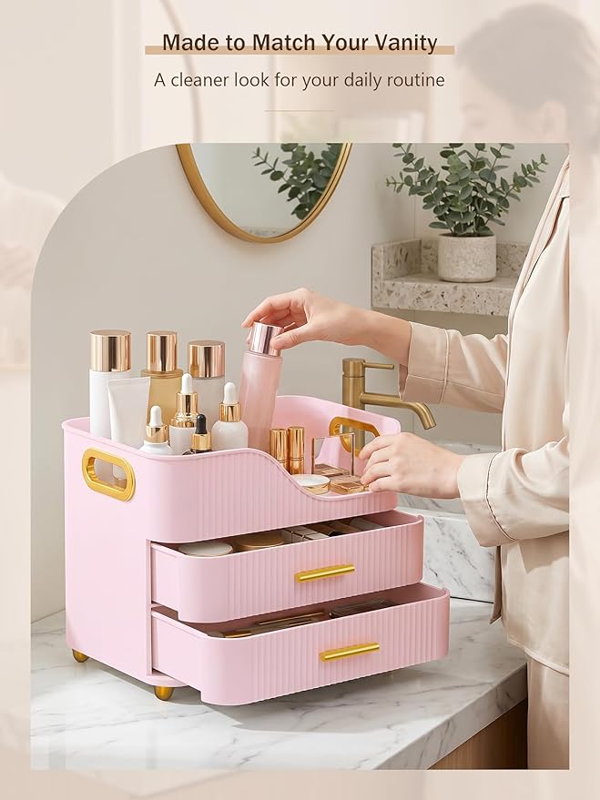 Booklov Countertop Makeup Organizer with Drawers, 3 Tier Large Cosmetic Storage Caddy for Vanity, Bathroom Counter, Dresser, Skincare Display Case for Lipsticks, Beauty Palettes, Teen Girl Gifts, Pink