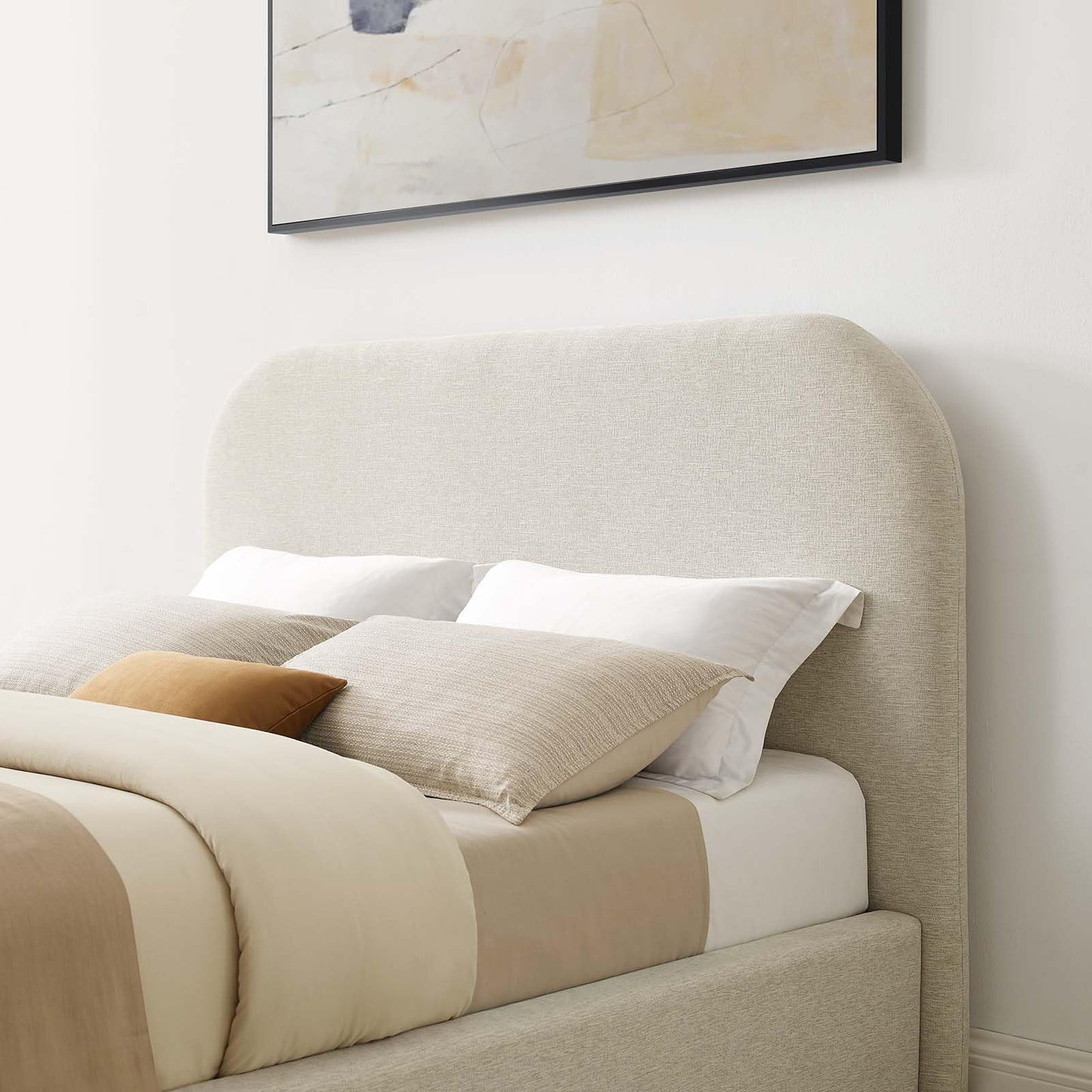Modway Keynote Modern Queen Bed Frame with Curve Shaped Headboard in Heathered Weave Ivory, Woven Heathered Fabric Upholstery, Queen Size Platform Bed, Soft Cloud Bed Frame, No Box Spring Needed