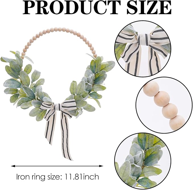 Wood Bead Lambs Ear Wreath - 13 Inch Artificial Greenery Leaf Wreaths Boho Wall Hanging Decoration for Spring Summer Modern Natural Home Farmhouse Porch Indoor Outdoor Wedding Decor