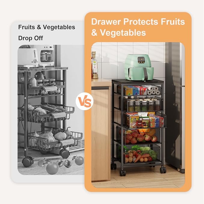 Kitchen Storage Cart with Drawer, 5-Tier Fruit Vegetable Storage Cart, Kitchen Organizer and Storage Cart with Wheels, Wooden Top Metal Wire Pantry Storage Cart rack for Fruit Snack Onion Potato