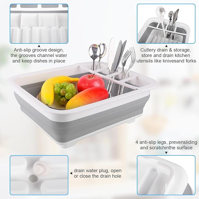 Collapsible Dish Drying Rack with Drain Plug Tube, Portable Dish Drainers for Kitchen Counter, Folding Dish Rack Over Sink Drying Dinnerware,Kitchen Sink Organizer Travel Trailer RV Camping Essentials
