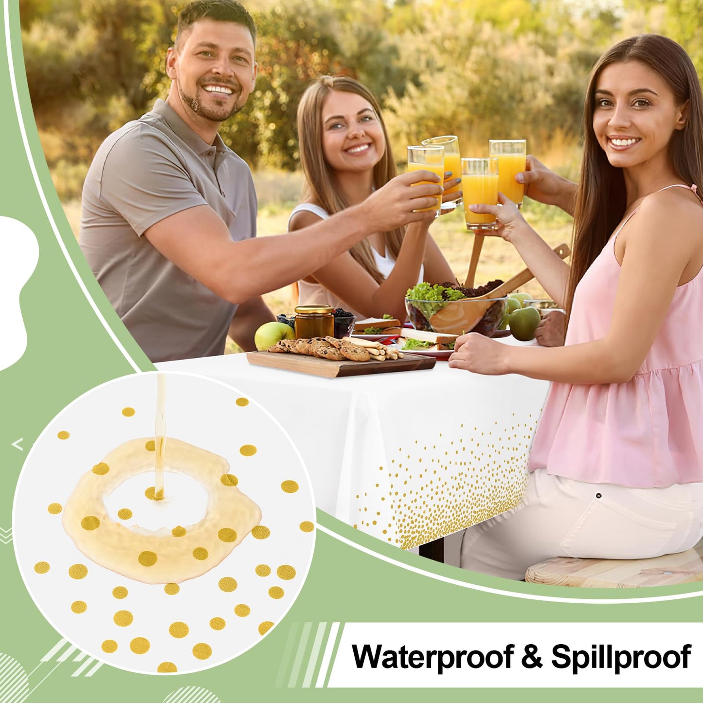 misaya 3 Packs Dot Disposable Table Cloth, 54 x 108 Inch Waterproof Plastic Tablecloth, Rectangle Gold Dots in White Table Covers for Picnic, Birthday, Party