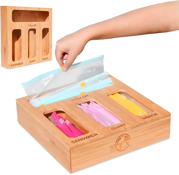 Earth’s Dreams Bamboo Kitchen Drawer Organizer – Resealable Food Storage Bag Holder for Gallon, Quart, Sandwich & Snack Sizes – Eco-Friendly Baggie Organizer for Plastic Storage Bags