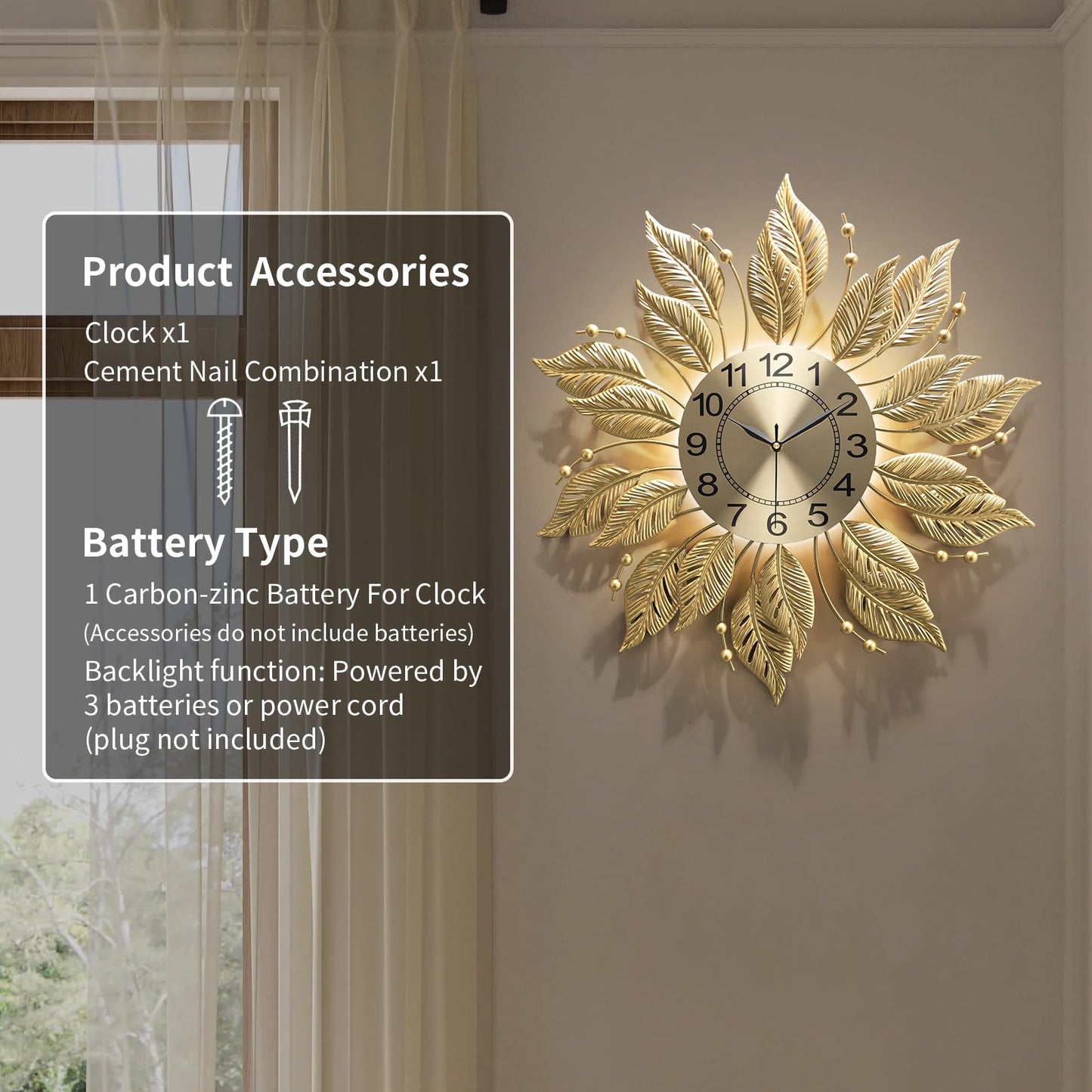 FIXNEO Gold Wall Clock Sunburst,23 Inch Mid Century Decorative Modern Wall Clocks Battery Operated Sunburst Large Handmade Home Art Decor for Living Room,Corridor,Staircase,Kitchen&Thoughtful Gift